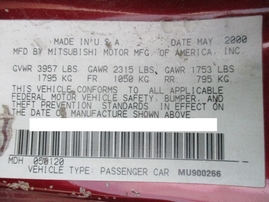 2000 MITSUBISHI ECLIPSE GT BURGUNDY 3.0L AT 163797